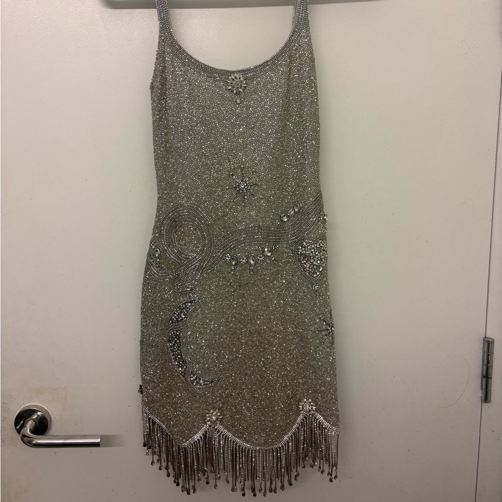 Clio Peppiatt Charms Silver Beaded Fringe Mini Dress Size S - Picture 4 of 8